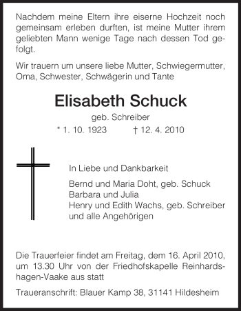 Traueranzeige von Elisabeth Schuck von HNA