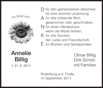 Traueranzeige von Annelie Billig von HNA
