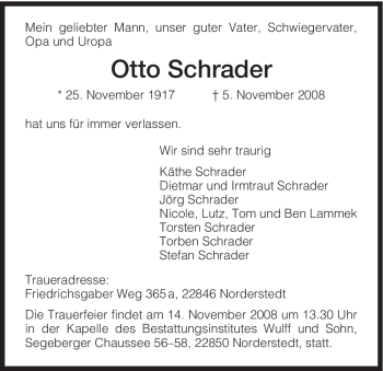 Traueranzeige von Otto Schrader von HNA