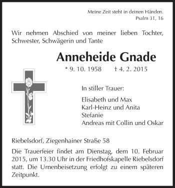 Traueranzeige von Anneheide Gnade von HNA