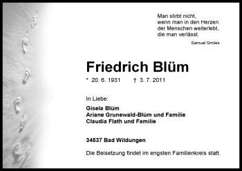 Traueranzeige von Friedrich Blüm von HNA