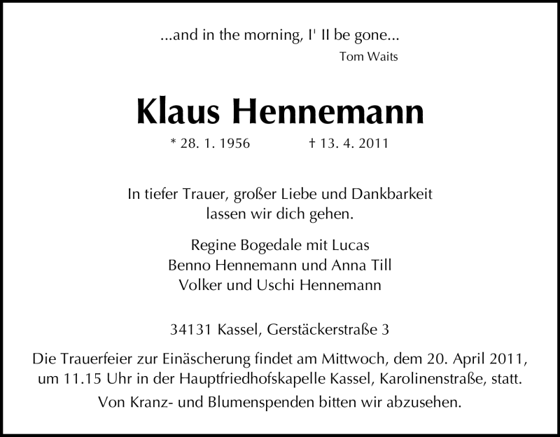  Traueranzeige für Klaus Hennemann vom 16.04.2011 aus HNA