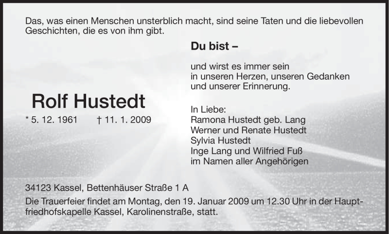  Traueranzeige für Rolf Hustedt vom 15.01.2009 aus HNA