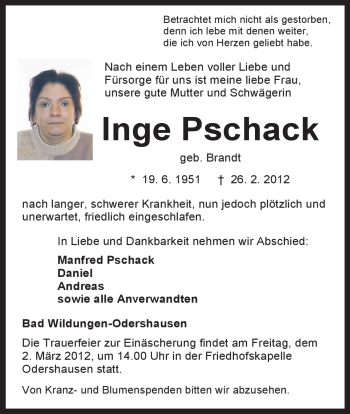Traueranzeige von Inge Pschack von HNA