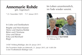 Traueranzeige von Annemarie Rohde von HNA