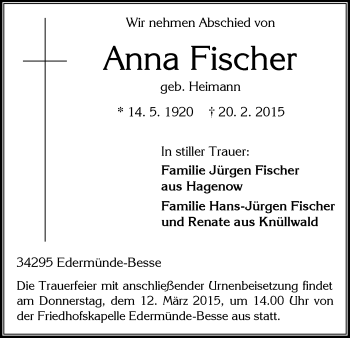 Traueranzeige von Anna Fischer von HNA