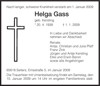 Traueranzeige von Helga Gass von HNA