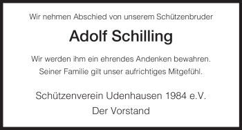 Traueranzeige von Adolf Schilling von HNA