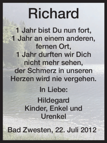 Traueranzeige von Richard Unbekannt von HNA
