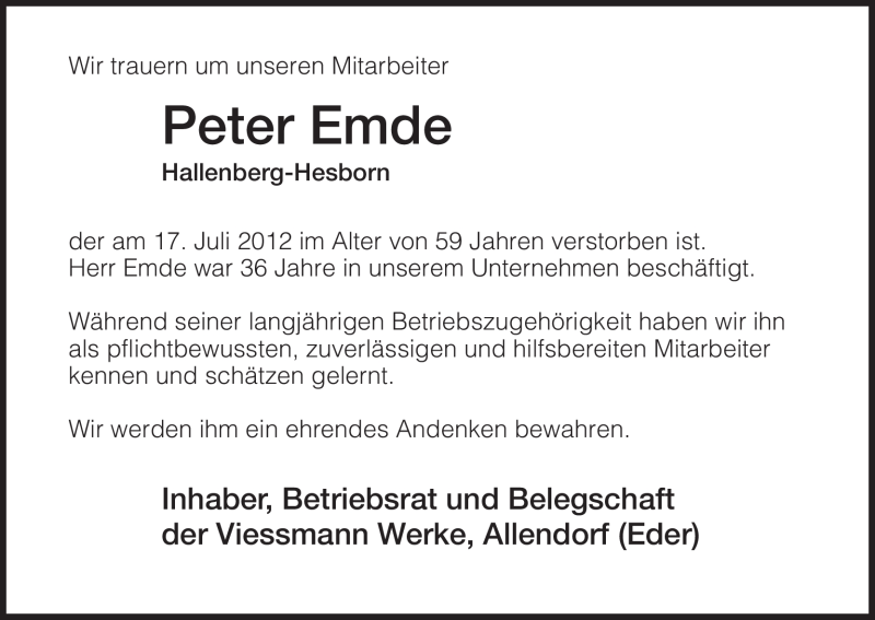  Traueranzeige für Peter Emde vom 20.07.2012 aus HNA