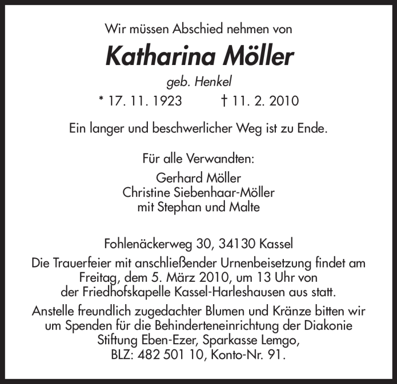  Traueranzeige für Katharina Möller vom 24.02.2010 aus HNA