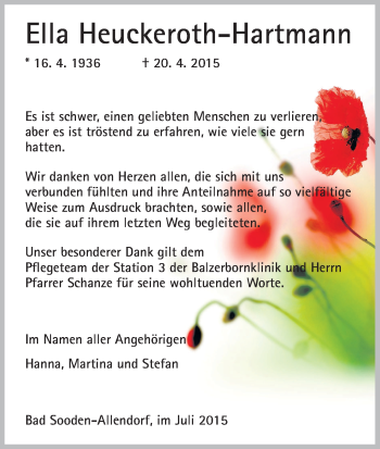 Traueranzeige von Ella Heuckeroth-Hartmann von HNA