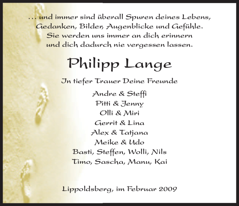  Traueranzeige für Philipp Lange vom 18.02.2009 aus HNA