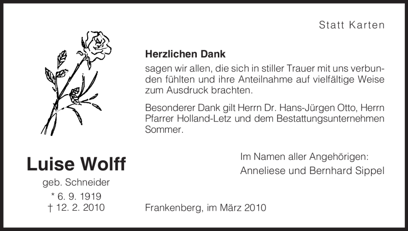  Traueranzeige für Luise Wolff vom 13.03.2010 aus HNA