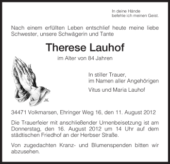 Traueranzeige von Therese Lauhof von HNA