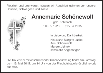 Traueranzeige von Annemarie Schönewolf von HNA