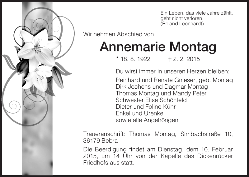  Traueranzeige für Annemarie Montag vom 07.02.2015 aus HNA