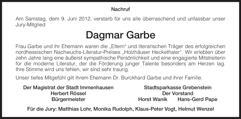  Traueranzeige für Dagmar Garbe vom 14.06.2012 aus HNA