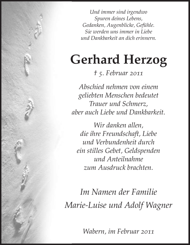  Traueranzeige für Gerhard Herzog vom 26.02.2011 aus HNA