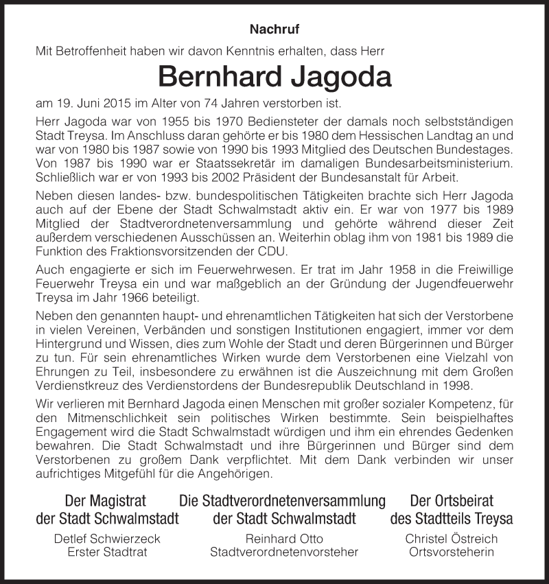  Traueranzeige für Bernhard Jagoda vom 25.06.2015 aus HNA