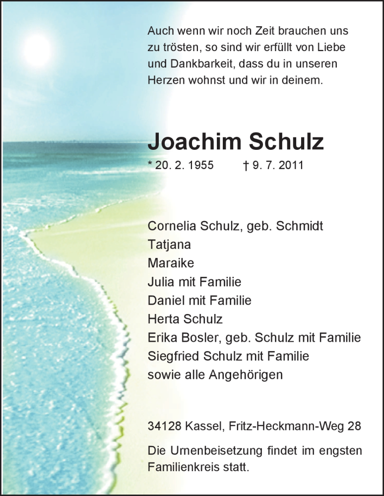  Traueranzeige für Joachim Schulz vom 15.07.2011 aus HNA