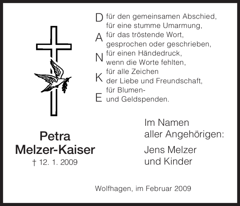  Traueranzeige für Petra Melzer-Kaiser vom 21.02.2009 aus HNA