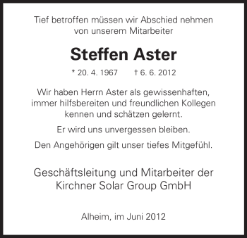 Traueranzeige von Steffen Aster von HNA