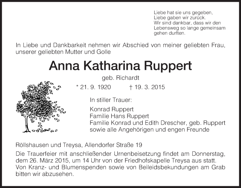  Traueranzeige für Anna Katharina Ruppert vom 24.03.2015 aus HNA