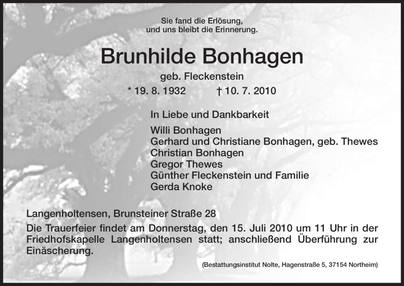  Traueranzeige für Brunhilde Bonhagen vom 13.07.2010 aus HNA