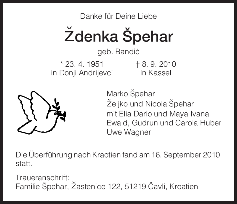  Traueranzeige für Zdenka Spehar vom 18.09.2010 aus HNA