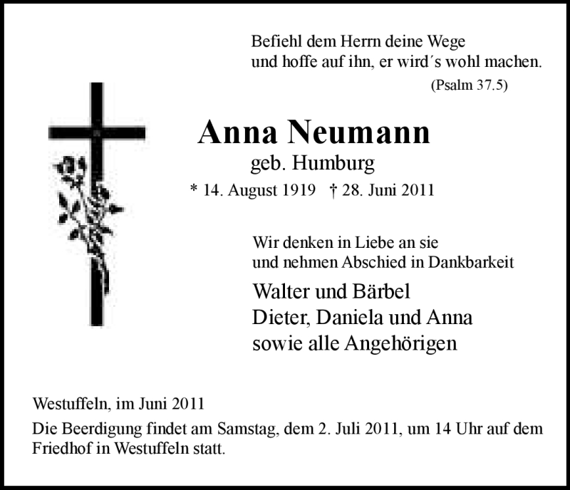  Traueranzeige für Anna Neumann vom 30.06.2011 aus HNA