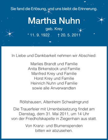 Traueranzeige von Martha Nuhn von HNA