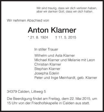 Traueranzeige von Anton Klarner von HNA