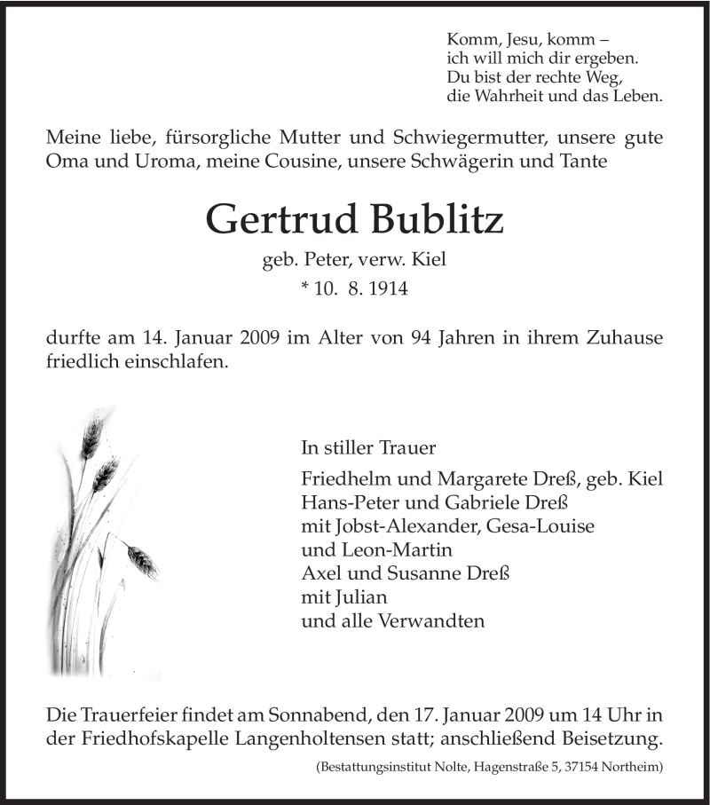  Traueranzeige für Gertrud Bublitz vom 15.01.2009 aus HNA