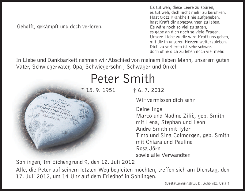  Traueranzeige für Peter Smith vom 12.07.2012 aus HNA