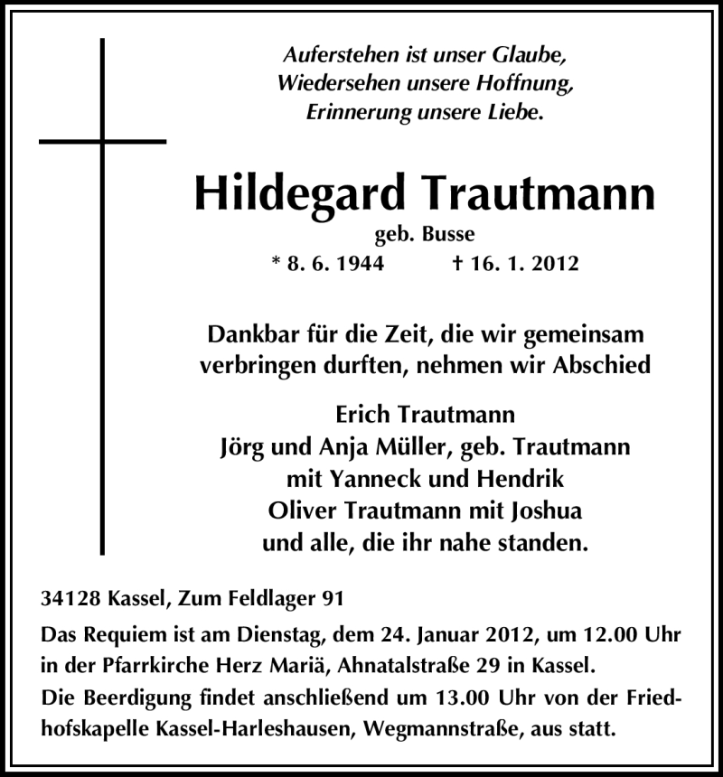  Traueranzeige für Hildegard Trautmann vom 21.01.2012 aus HNA