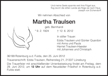 Traueranzeige von Martha Traulsen von HNA
