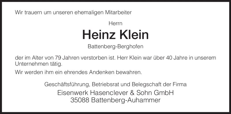  Traueranzeige für Heinz Klein vom 13.02.2010 aus HNA