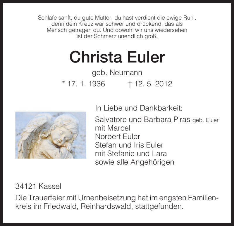  Traueranzeige für Christa Euler vom 26.05.2012 aus HNA