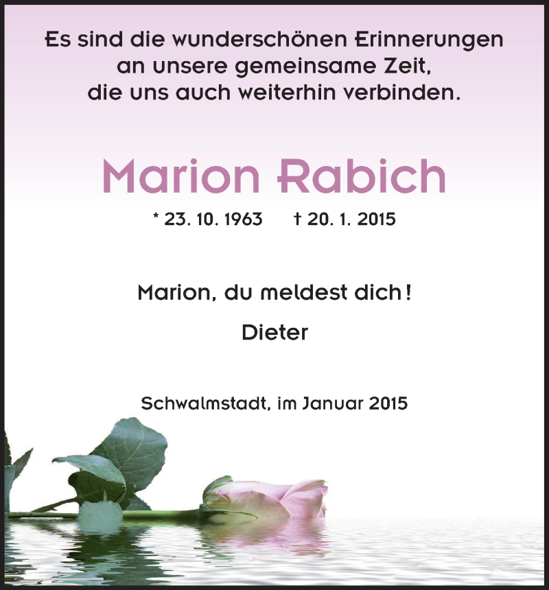  Traueranzeige für Marion Rabich vom 22.01.2015 aus HNA