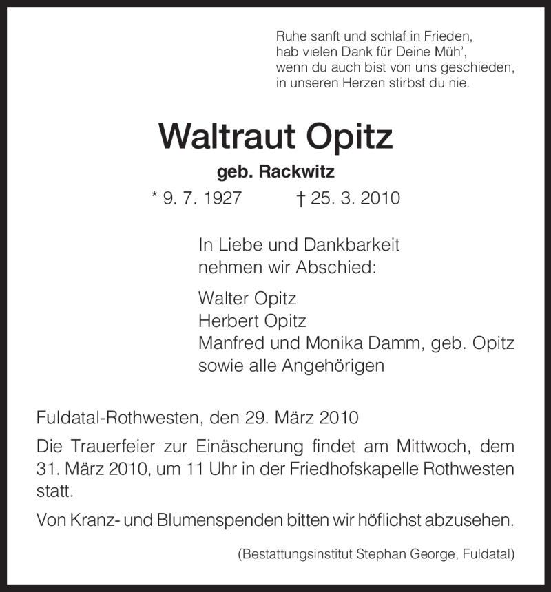  Traueranzeige für Waltraut Opitz vom 29.03.2010 aus HNA
