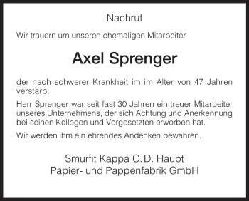 Traueranzeige von Axel Sprenger von HNA
