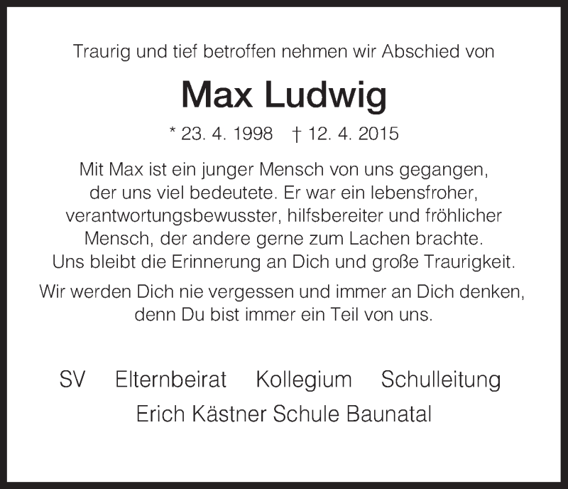  Traueranzeige für Max Ludwig vom 17.04.2015 aus HNA