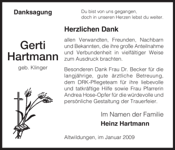 Traueranzeige von Gerti Hartmann von HNA