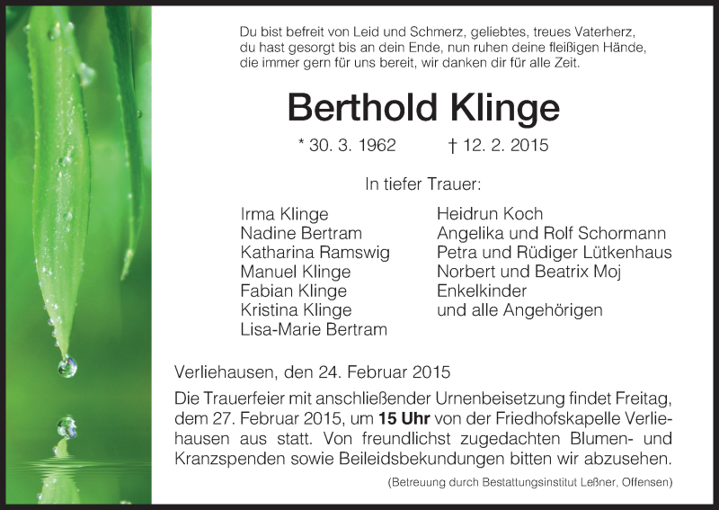  Traueranzeige für Berthold Klinge vom 24.02.2015 aus HNA