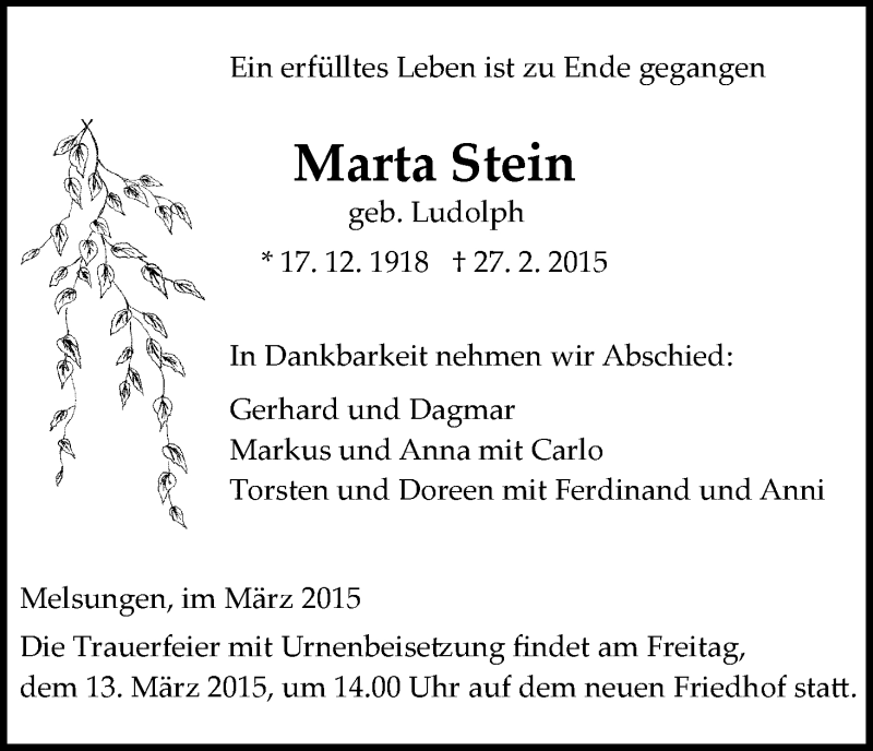  Traueranzeige für Marta Stein vom 07.03.2015 aus HNA