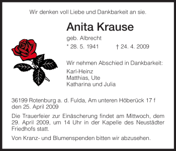 Traueranzeige von Anita Krause von HNA