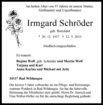 Traueranzeige von Irmgard Schröder von HNA