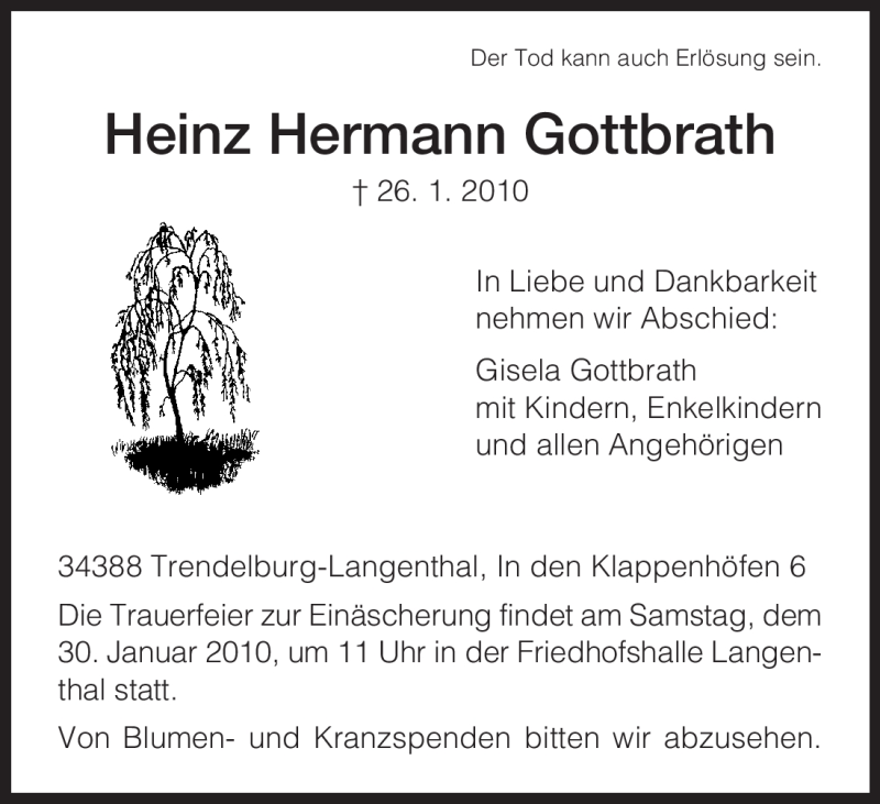  Traueranzeige für Heinz Hermann Gottbrath vom 29.01.2010 aus HNA