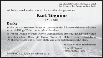 Traueranzeige von Kurt Tognino von HNA
